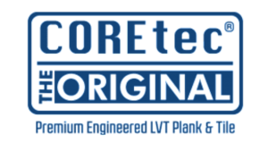 Logo for COREtec flooring, blue and white, with text 