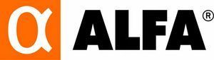 Alfa logo with orange square and white alpha symbol next to the word ALFA in black. Registered mark is present.