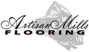 Logo for Artisan Mills Flooring, featuring elegant script text over a faded illustration of a building.