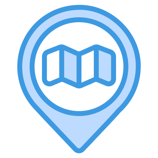 Blue map pin with map icon.