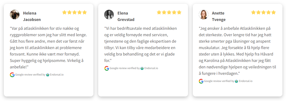 Anmeldelser av bedriftsavtale ved Atlasklinikken Anmeldelser av bedriftsavtale ved Atlasklinikken