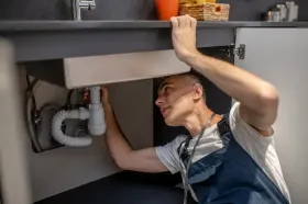 Plumber working under a sink, inspecting pipes in a kitchen cabinet