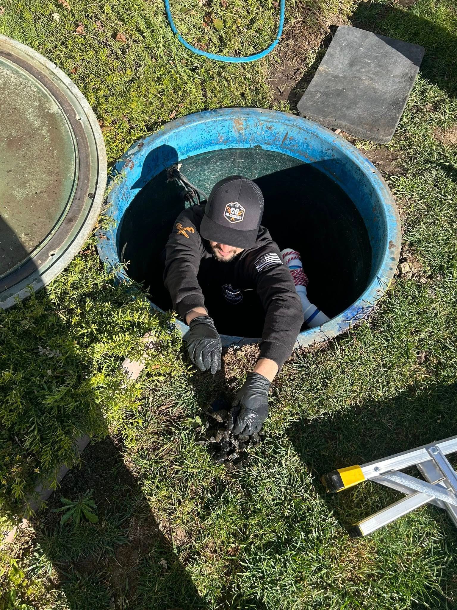 A person in a black hoodie and cap works inside an open, round, blue-rimmed underground utility access hole in the grass.