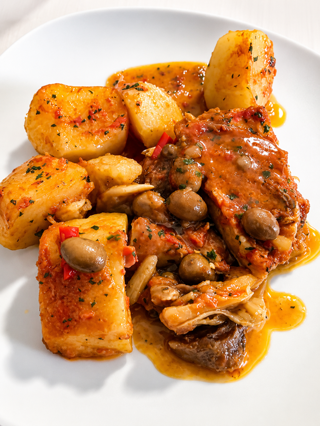 Pollo arrosto servito con funghi e cubetti di patate dorate in una ricca salsa all'arancia.