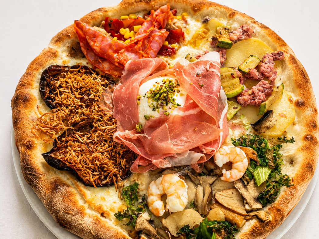 Pizza rotonda condita con vari tipi di carne, verdure e formaggio su un piatto bianco.