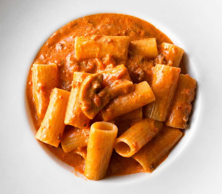 Piatto di rigatoni in salsa di pomodoro all'arancia con pezzi di carne a vista.