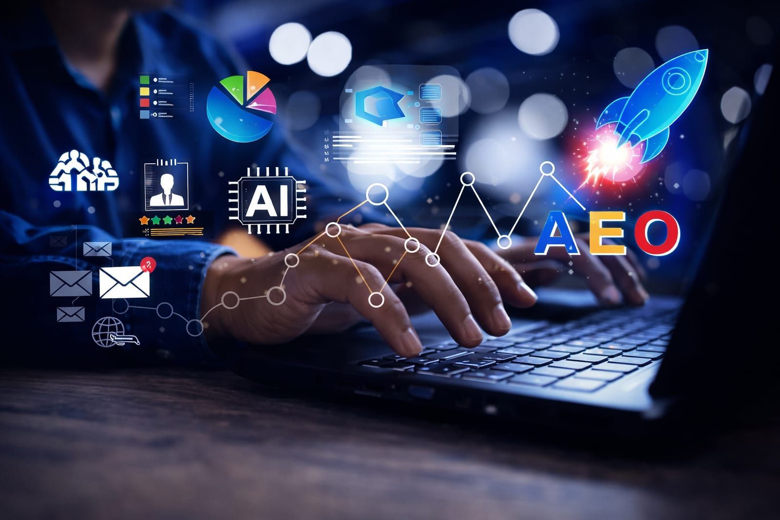 hands-typing-on-laptop-and-holographic-ai-icons-analytics-dashboard-and-aeo-optimization
