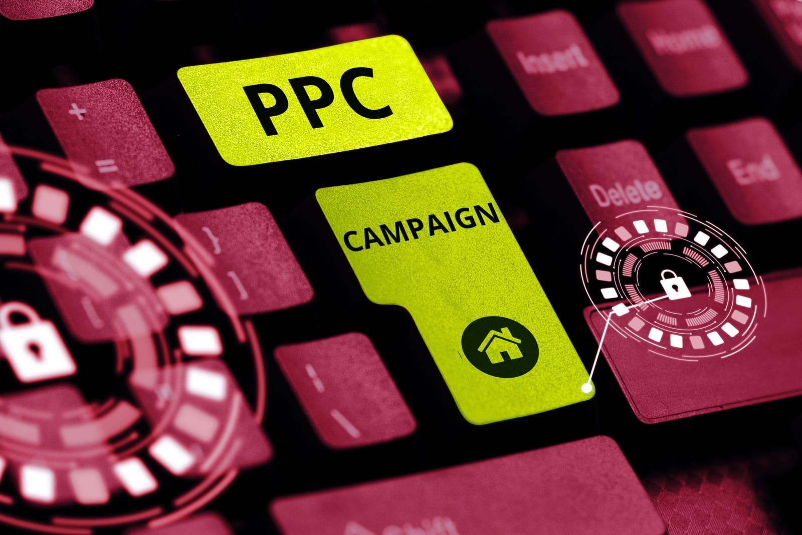 Pink keyboard with highlighted PPC campaign keys and digital targeting icons