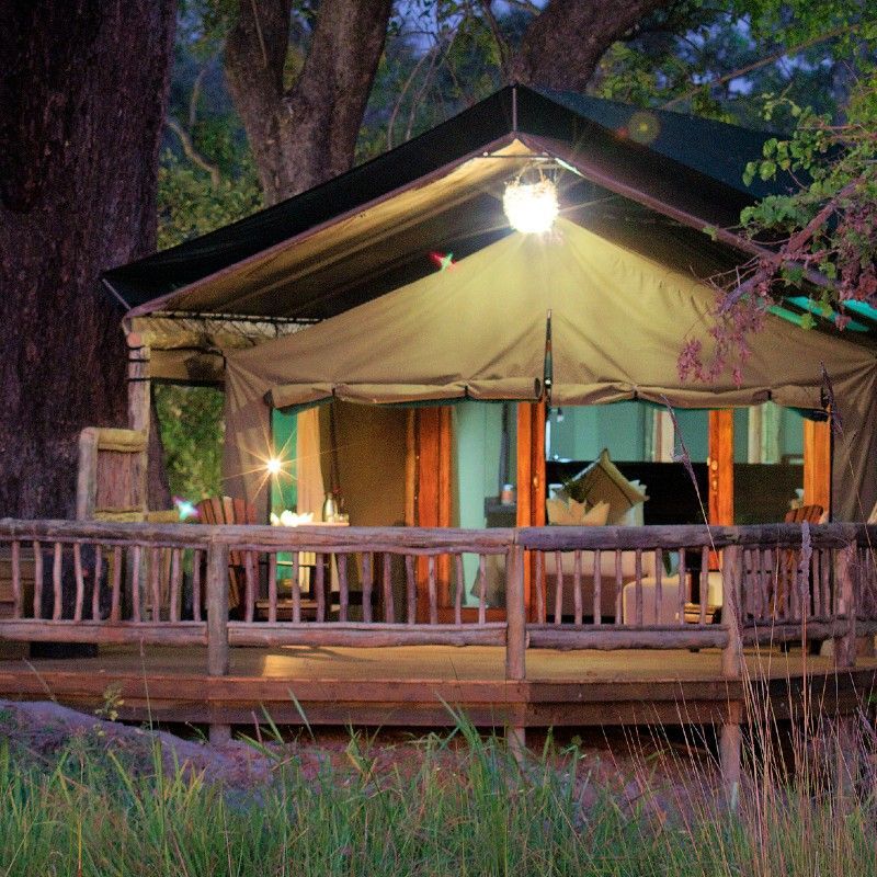 The exterior of the tents at Gunn’s Camp in Botswana is captured in this evocative travel photograph, set within the pristine wilderness of the Okavango Delta. Canvas tents and natural wooden structures are thoughtfully arranged to blend seamlessly with the surrounding floodplains, trees, and native vegetation, creating a sense of harmony with the environment. Elevated walkways and open spaces invite guests to step outside and connect with the sights and sounds of the bush, where elephants, antelope, and birdlife are often seen nearby. The design balances authentic safari living with understated comfort, offering an immersive experience in one of Botswana’s most wildlife-rich and remote regions. Inspiration Africa specializes in bespoke, tailor-made journeys to Botswana and across Africa, crafting unforgettable safari experiences in extraordinary wilderness destinations.