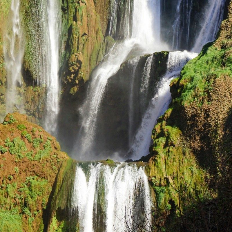 The stunning Ouzoud Falls cascade down rocky cliffs into lush greenery in Morocco, captured in this breathtaking travel photograph. Surrounded by verdant vegetation and olive trees, the multi-tiered waterfall creates misty rainbows as water plunges into the gorge below, highlighting the natural beauty of the Atlas Mountains region. Ouzoud Falls is renowned for its scenic hiking trails, refreshing pools, and opportunities to spot native wildlife such as Barbary macaques. Ideal for nature lovers, adventure travelers, and photographers, visiting the falls combines dramatic landscapes with immersive outdoor experiences. Inspiration Africa specializes in bespoke, tailor-made journeys to Morocco and across Africa, crafting authentic travel experiences that showcase extraordinary natural wonders and unforgettable destinations.
