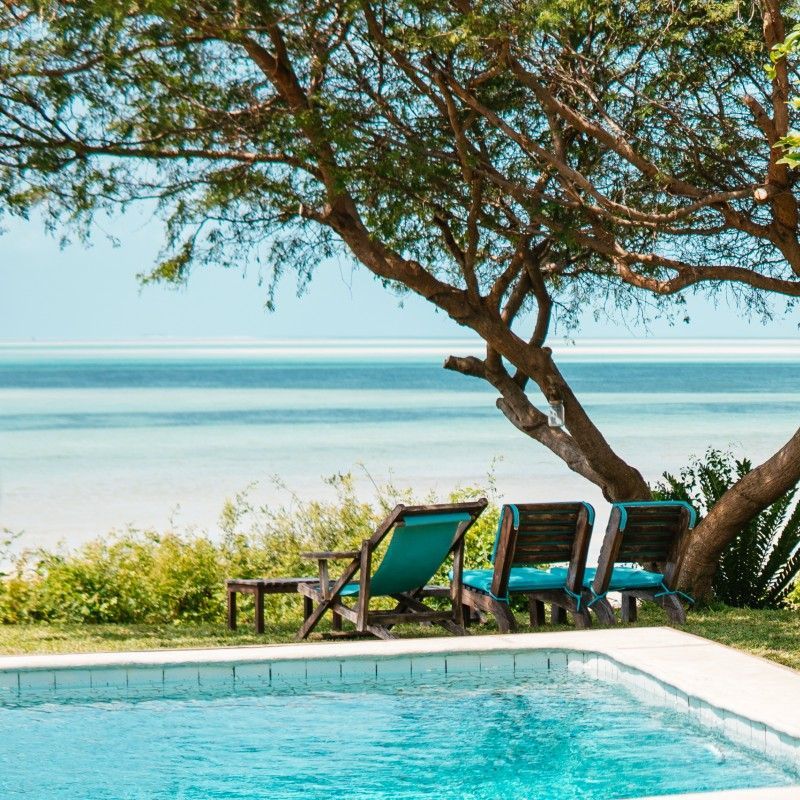 The swimming pool at Casa Babi in Vilanculos, Mozambique, overlooking the sandy beach and sparkling Indian Ocean, is captured in this inviting travel photograph, highlighting a luxurious coastal retreat. The pool’s clear water reflects the bright sky, while comfortable loungers and tropical landscaping create an atmosphere of relaxation and serenity. Beyond the pool, the pristine beach stretches along the turquoise coastline, emphasizing the lodge’s stunning location and unobstructed ocean views. Soft natural light enhances the vibrant colors and tranquil ambiance, blending comfort with the beauty of the surrounding seascape. Inspiration Africa curates bespoke, tailor-made journeys to Mozambique and across Africa, combining luxury beach stays with immersive coastal and wildlife experiences.
