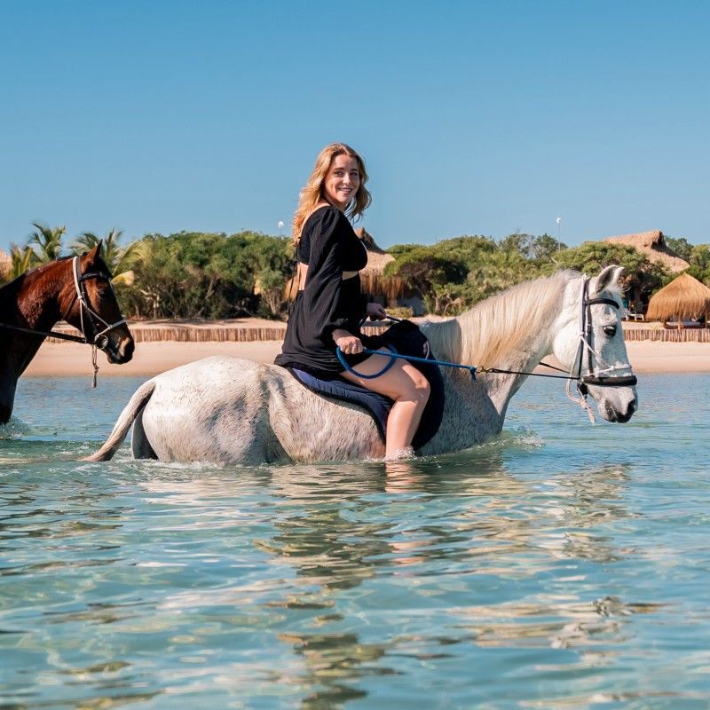 Gaze upon a serene coastal adventure as two vacationers ride horses through the shallow turquoise waters of Mozambique’s Bazaruto Archipelago. This captivating photograph captures the harmony of white sand beaches, crystal-clear Indian Ocean waters, and the freedom of exploring by horseback along the shoreline. The vivid blues of the sea contrast beautifully with the natural elegance of the horses, creating a truly idyllic island scene. Experiencing Bazaruto in this unique way offers a sense of tranquility, exclusivity, and connection to nature. Inspiration Africa specializes in crafting bespoke, tailor-made journeys that combine island escapes with extraordinary adventure experiences across Africa’s most remarkable destinations.