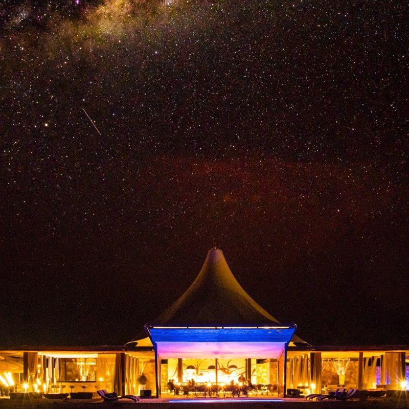 The Milky Way rising above Dead Valley Lodge in Namibia is captured in this mesmerizing night-time travel photograph, showcasing a sky filled with stars over the stark desert landscape of the Namib-Naukluft region. The glowing band of the Milky Way stretches across the horizon, contrasting beautifully with the dark silhouettes of desert trees and the surrounding dunes. Soft ambient light from the lodge adds depth to the scene while preserving the feeling of remoteness and stillness. The image conveys the magic of stargazing in one of the world’s clearest night-sky destinations, highlighting Namibia’s dramatic scenery and sense of space. This scene reflects the unique experience of a desert safari, combining vast landscapes, silence, and extraordinary celestial views. Inspiration Africa specializes in bespoke, tailor-made journeys to Namibia and across Africa, crafting unforgettable travel experiences in extraordinary wilderness destinations.
