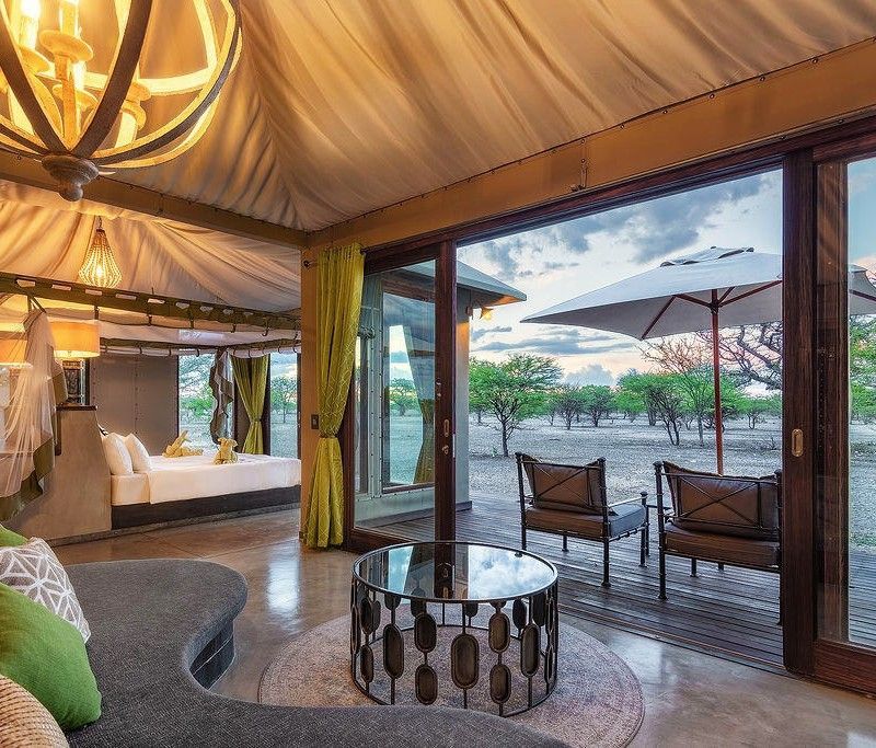 The stylish rooms at Etosha Oberland Lodge in Namibia are showcased in this elegant travel photograph, offering a refined sanctuary at the edge of Etosha National Park. Contemporary interiors are complemented by warm natural tones, textured finishes, and thoughtfully curated details that create a sense of relaxed luxury. Floor-to-ceiling windows and private terraces open the rooms to sweeping views of the surrounding plains, allowing guests to feel immersed in the African wilderness while enjoying modern comfort. The design reflects the lodge’s seamless blend of sophistication and safari charm, providing an inviting retreat after wildlife encounters in Etosha. Ideal for luxury travelers and safari enthusiasts, this scene captures the comfort, style, and sense of space that define Etosha Oberland Lodge. Inspiration Africa specializes in bespoke, tailor-made journeys to Namibia and across Africa, crafting unforgettable safari stays and immersive lodge experiences in extraordinary destinations.