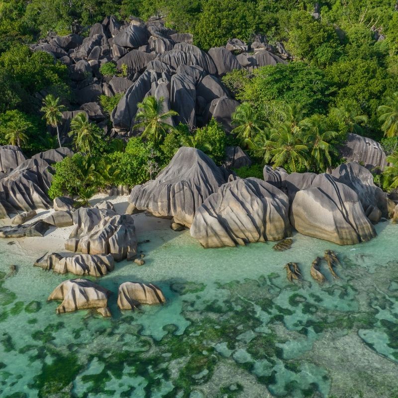 An aerial view captures the stunning beauty of La Digue Beach in the Seychelles, showcasing powder-white sand, turquoise waters, and lush tropical vegetation in this breathtaking travel photograph. Granite boulders frame the shoreline, while the gentle waves of the Indian Ocean create a serene and inviting scene. La Digue is renowned for its pristine beaches, calm waters, and vibrant natural surroundings, making it one of the world’s most iconic island destinations. Ideal for beach lovers, photographers, and nature enthusiasts, this scene highlights the harmony of sand, sea, and tropical greenery in a truly idyllic setting. Inspiration Africa specializes in bespoke, tailor-made journeys to the Seychelles and across Africa, crafting unforgettable coastal experiences and extraordinary tropical escapes.