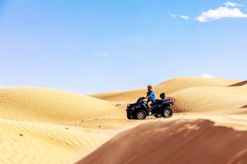 Experience the thrill of quad-biking across the towering dunes of the Tunisian Sahara, where golden sands stretch to the horizon. This photo captures the adventure and vast beauty of Tunisia’s desert landscape. Inspiration Africa organizes tailor-made journeys to the heart of the Sahara, combining excitement with authentic cultural encounters. Whether you're riding over wind-sculpted dunes or pausing to take in the silence of the desert, our expert team ensures every detail is taken care of. Let us help you explore Tunisia in a way that’s immersive, memorable, and completely personalized. Start your Sahara adventure with Inspiration Africa.