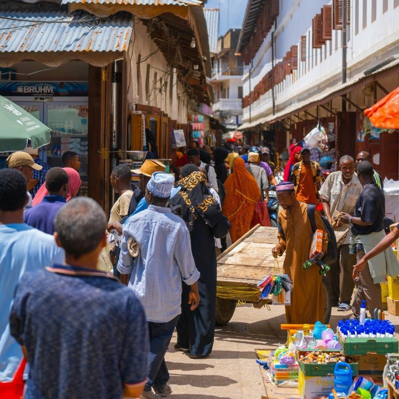A busy street around the markets of Stone Town, Zanzibar, Tanzania.