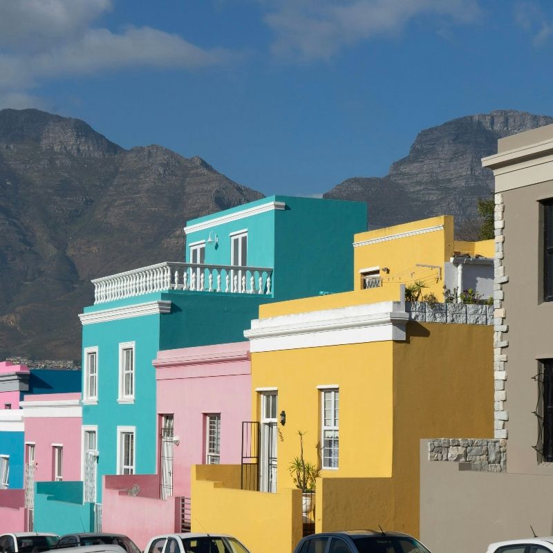 Gaze upon the vibrant, colorful houses of Bo-Kaap in Cape Town, South Africa, captured in this lively photograph. The image showcases rows of bright, pastel-painted homes with ornate doors and cobblestone streets, reflecting the neighborhood’s rich cultural heritage and Cape Malay history. Sunlight illuminates the vivid façades, highlighting the charm and character that make Bo-Kaap one of South Africa’s most iconic districts. Exploring this historic neighborhood offers an immersive journey into local culture, traditions, and community life. Inspiration Africa specializes in designing bespoke, tailor-made journeys that combine cultural discovery with extraordinary experiences across Africa’s most remarkable destinations.