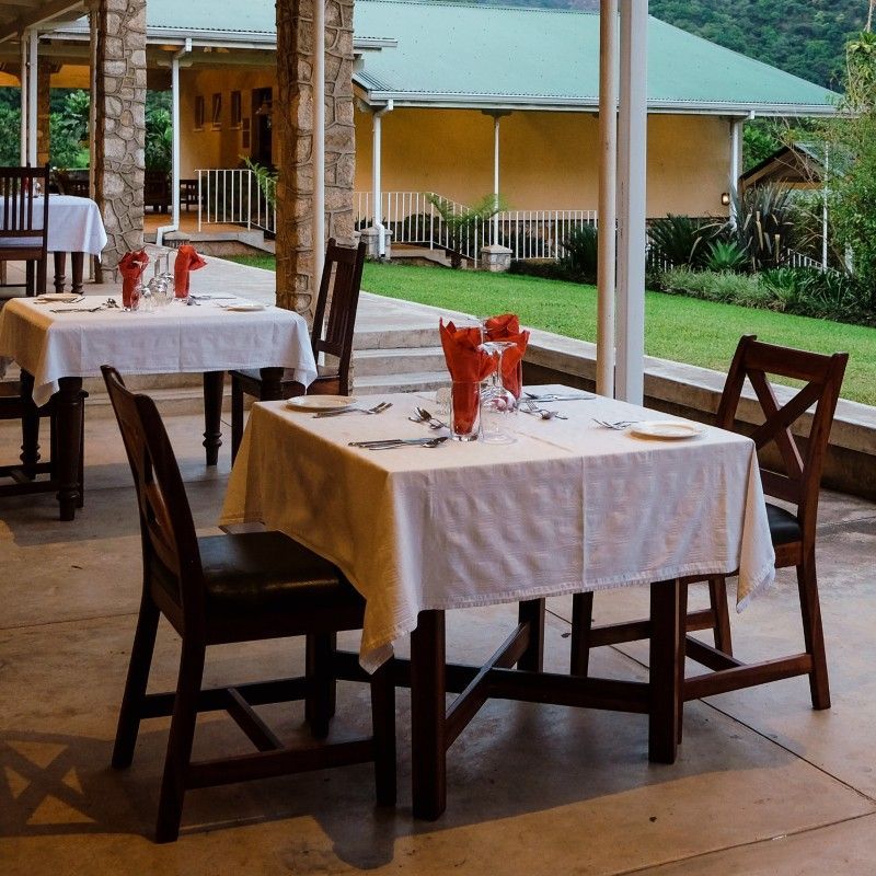 The outdoor dining area at Aberfoyle Lodge in Zimbabwe is featured in this inviting travel photograph, set amid the lush landscapes of the Eastern Highlands. Tables are thoughtfully arranged beneath open skies and surrounded by greenery, offering guests a relaxed and scenic setting in which to enjoy meals. The elevated position provides views across rolling hills, forests, and distant mountains, enhancing the sense of tranquility and connection to nature. Natural materials and simple, elegant design elements complement the surroundings, creating a warm and welcoming atmosphere. This scene captures the charm of dining outdoors at Aberfoyle Lodge, where fresh air, beautiful scenery, and a peaceful mountain setting combine to create a memorable experience. Inspiration Africa specializes in bespoke, tailor-made journeys to Zimbabwe and across Africa, crafting unforgettable travel experiences in extraordinary destinations.
