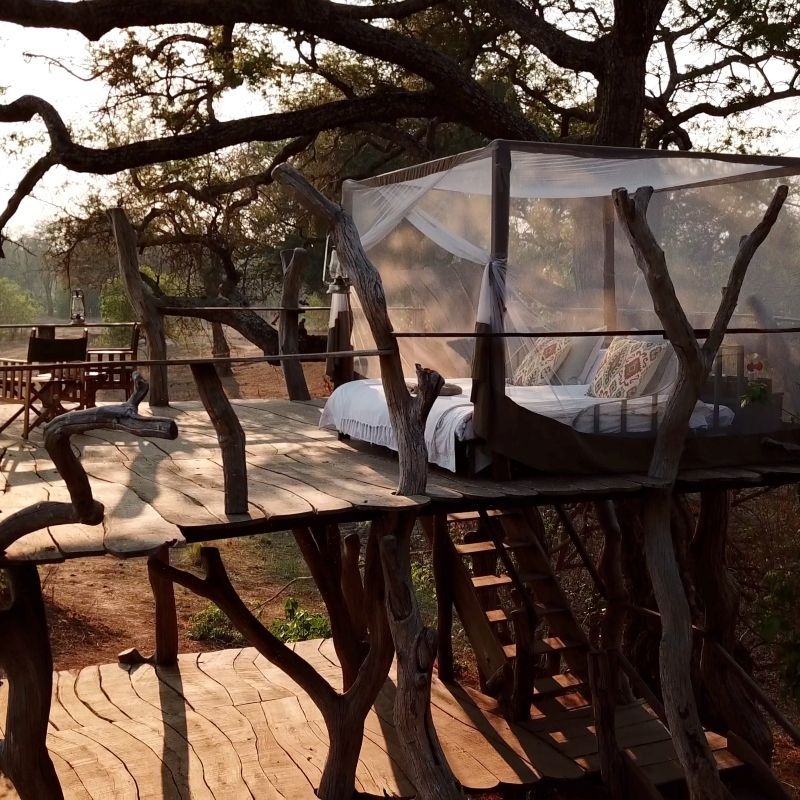 The starbed at Camp Mana in Zimbabwe is captured in this captivating travel photograph, showcasing an open-air sleeping experience under the vast African night sky. The bed is elegantly arranged with crisp linens and comfortable furnishings, positioned to offer uninterrupted views of the surrounding wilderness. The scene highlights the immersive safari experience, allowing guests to sleep surrounded by nature while observing stars, moonlight, and nocturnal sounds of the bush. The natural materials and minimal design ensure harmony with the environment, emphasizing both comfort and authenticity. This image conveys the magic of a Botswana safari under the stars, offering a unique and unforgettable connection to Zimbabwe’s wilderness. Inspiration Africa specializes in bespoke, tailor-made journeys to Zimbabwe and across Africa, crafting extraordinary safari experiences in remarkable destinations.