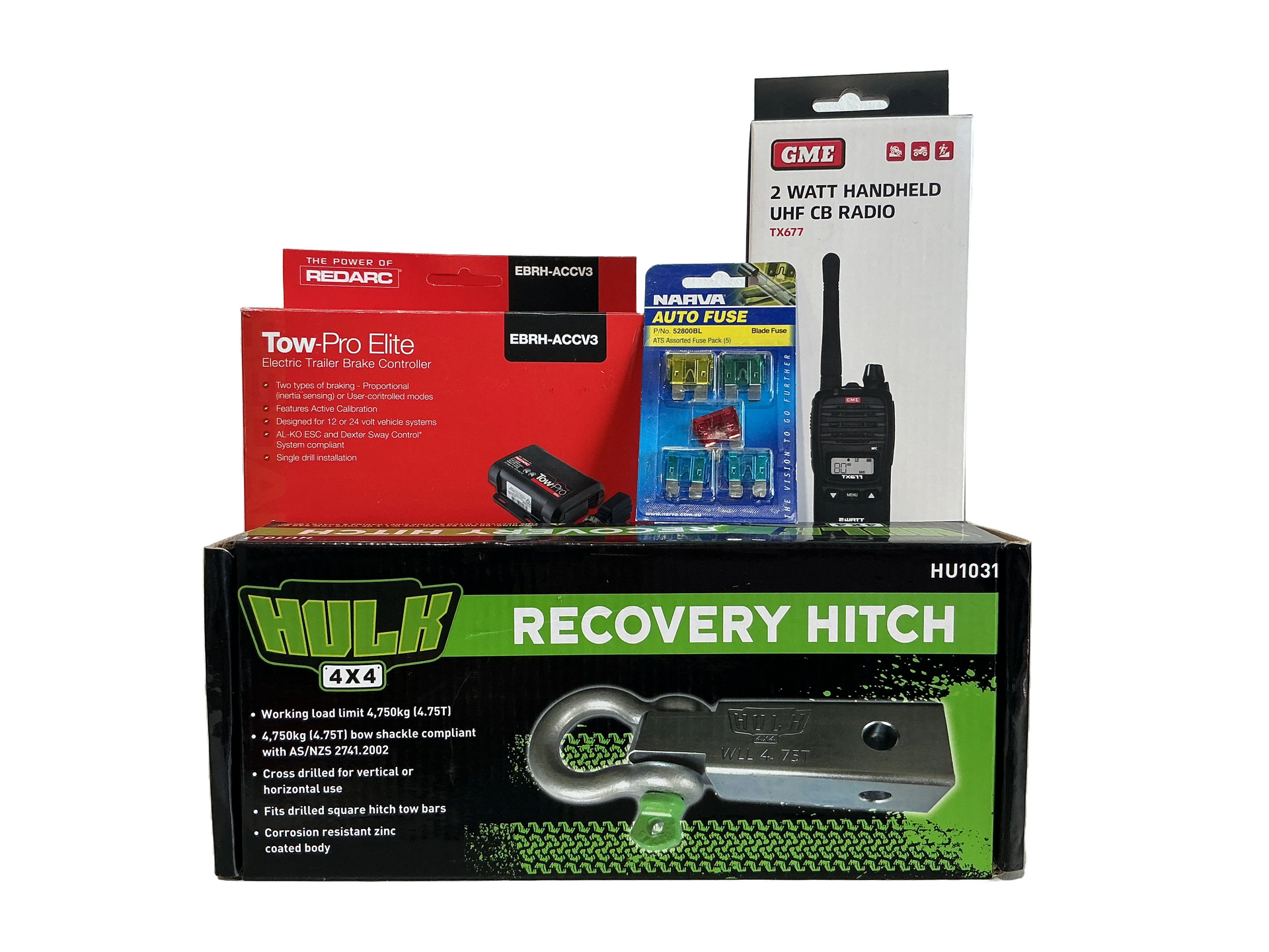 Various recovery and towing equipment, including a hitch, radio, and trailer wiring kit. — Rainbow Beach 4x4 Accessories in Rainbow Beach, QLD