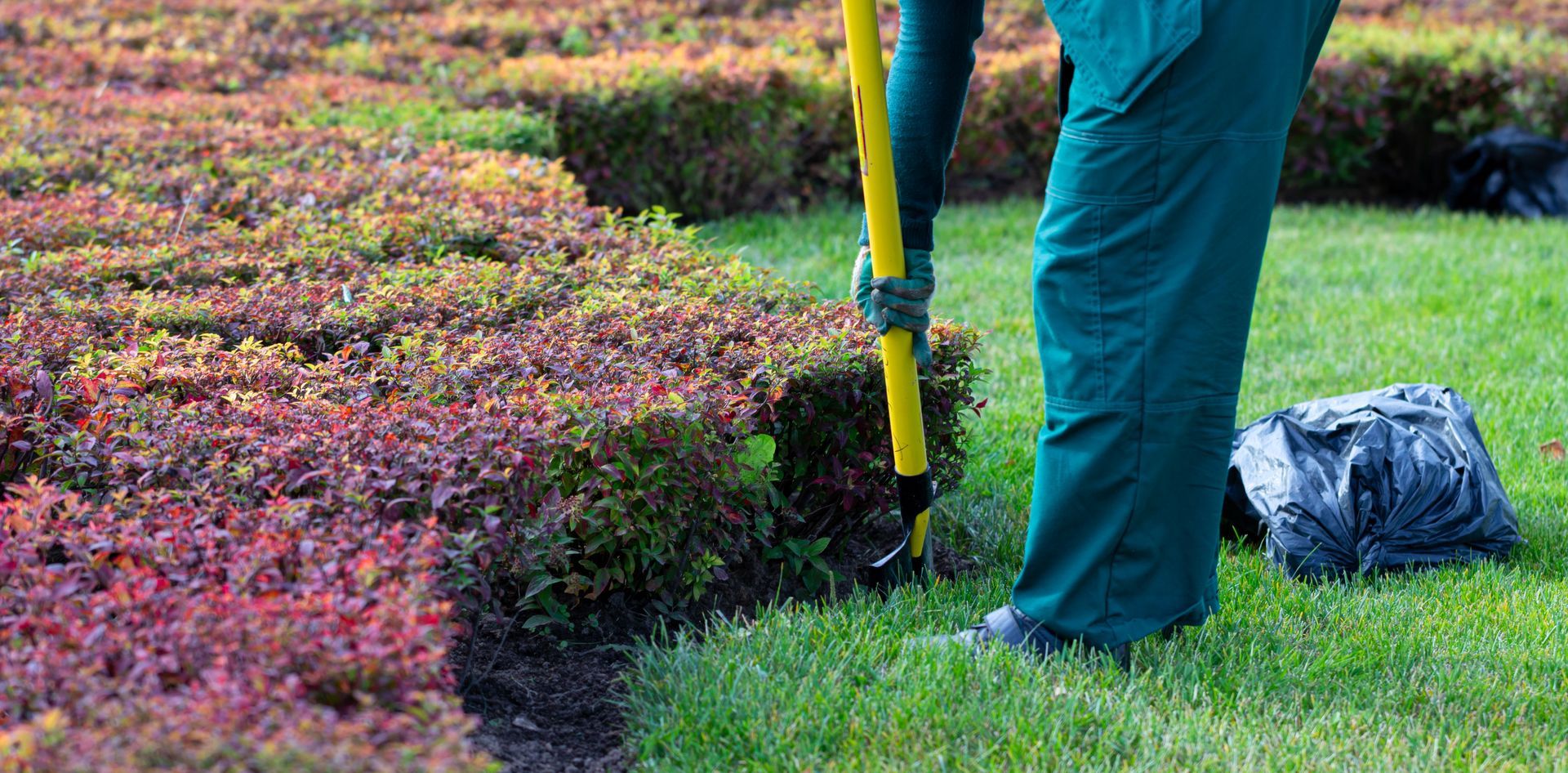 A person in green work clothes is gardening with a yellow tool next to a bed of plants.