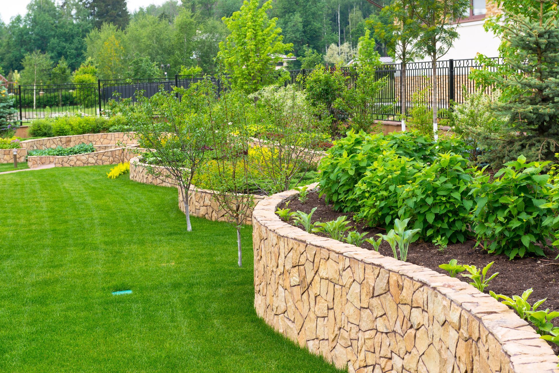 Green lawn with curved stone walls supporting tiered garden beds filled with various plants and trees.