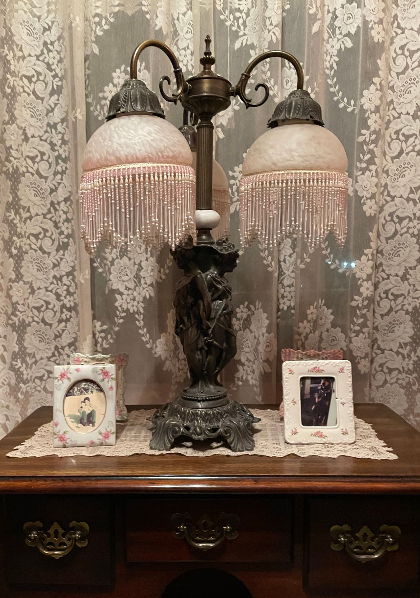 Vintage Art Nouveau The Three Graces Figural Lady Lamp Beaded Shades Victorian — Oakland, CA — Gaslight Interiors