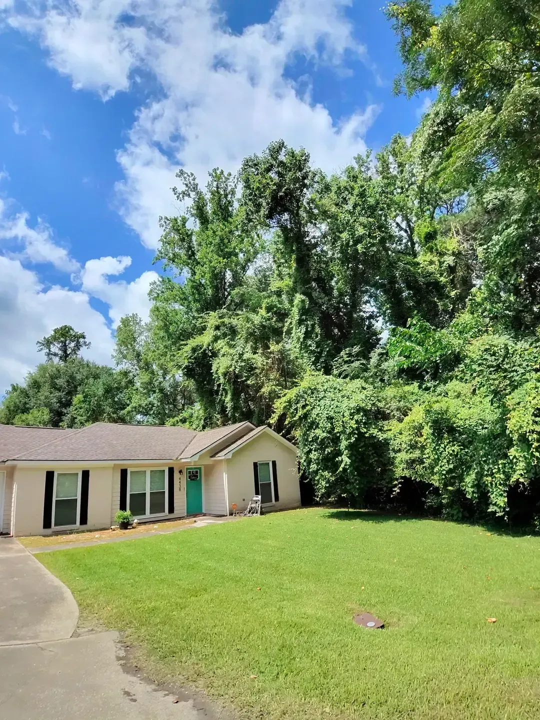 Single-story tan house with green shutters, front lawn, and large trees under a blue sky with clouds