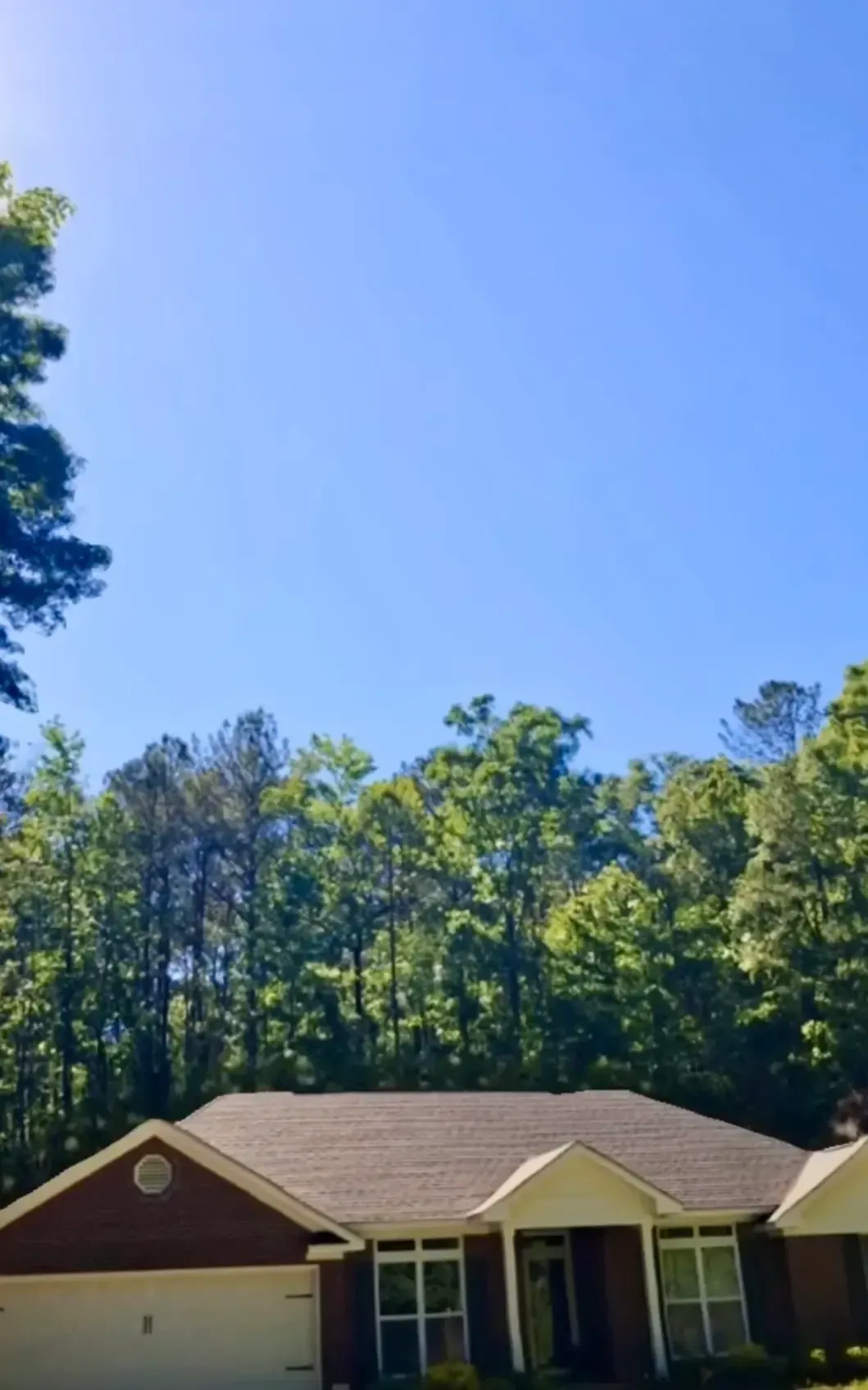 Single-story brick house with brown roof beneath a bright blue sky and tall green trees