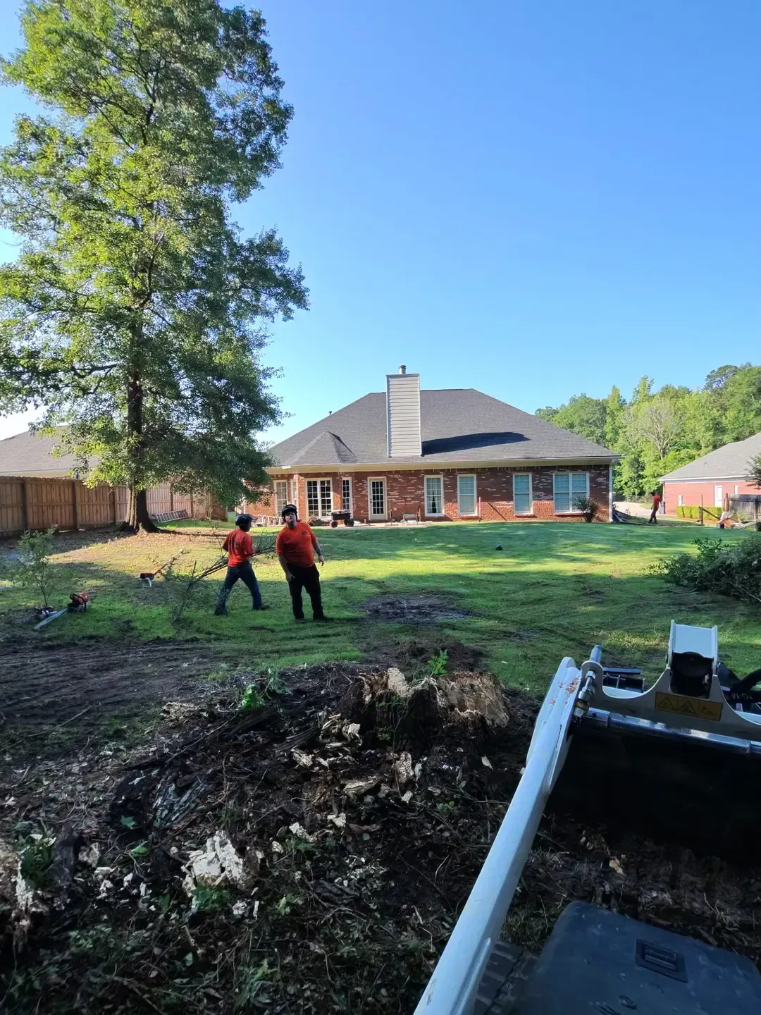Backyard with a large house, two people near a tree, and a swimming pool in the foreground
