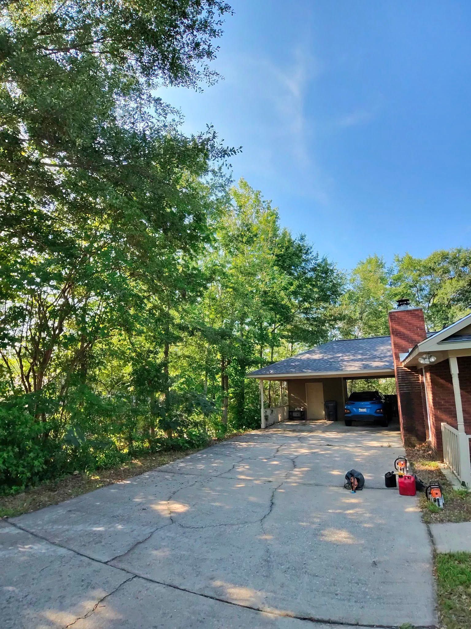 Concrete driveway beside a brick house and garage, lined with trees under a bright blue sky.