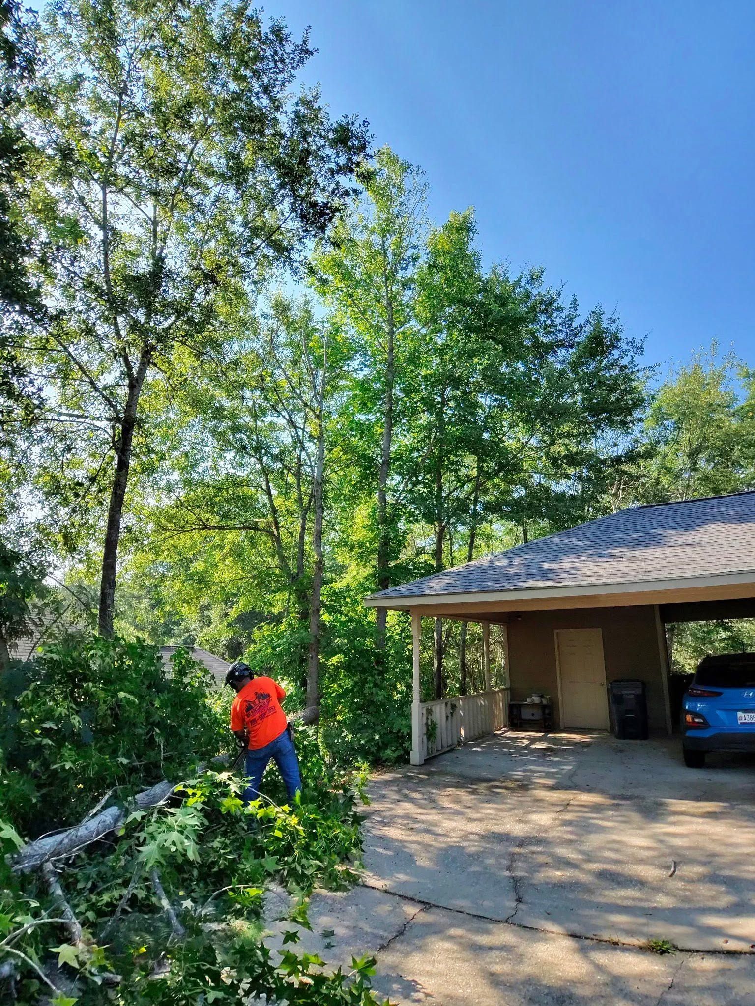 Person in bright orange shirt working by trees beside a carport and blue vehicle on a sunny day