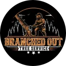 Branched Out Tree Service logo with logger, chainsaw, and pine trees on black background