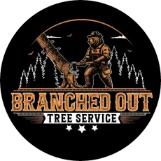 Branched Out Tree Service logo with logger, chainsaw, and pine trees on black background