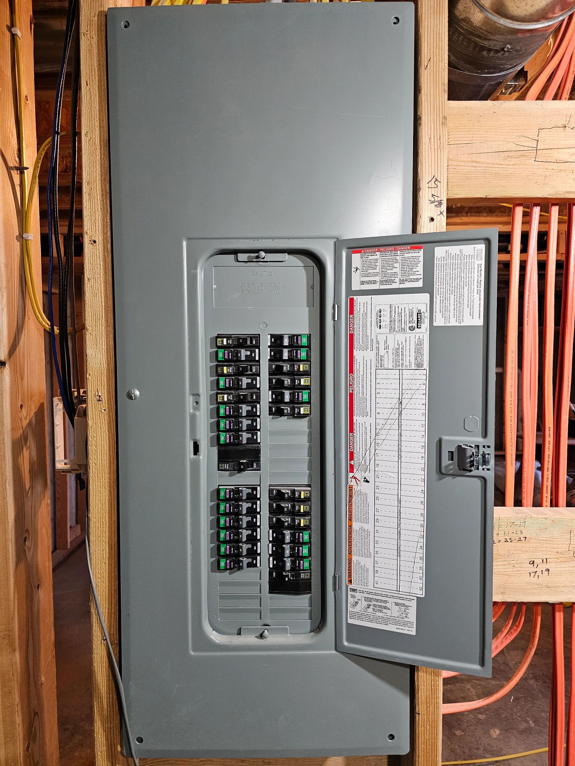Technician in blue jacket and red gloves wiring an electrical box on a wall