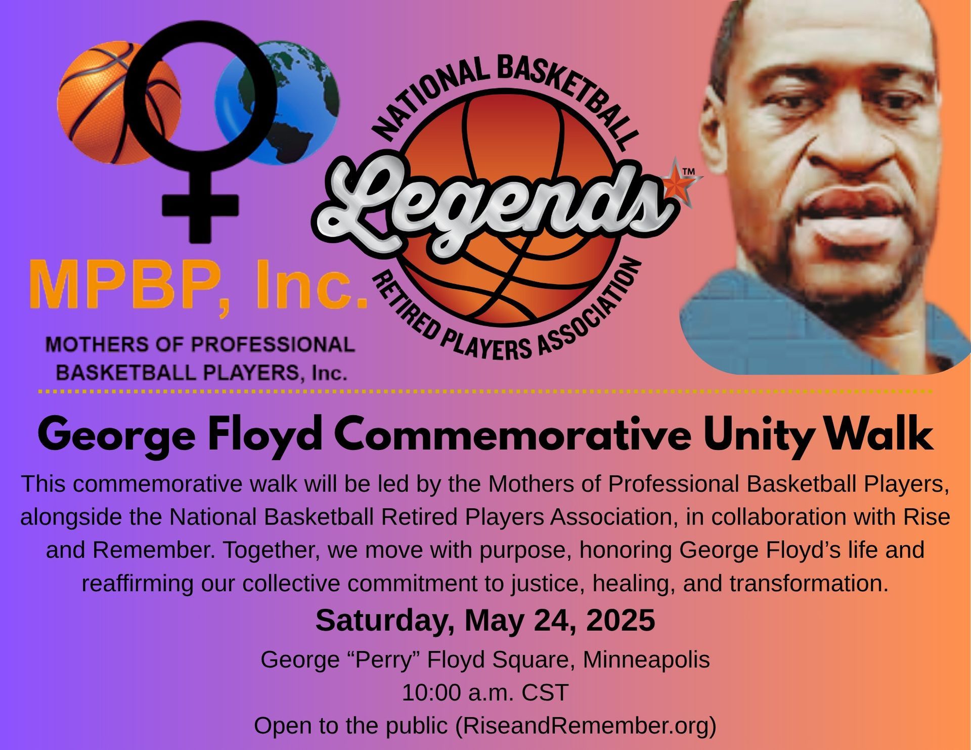 Poster for a George Floyd Commemorative Unity Walk in Minneapolis on May 24, 2025, with basketball and globe symbols.