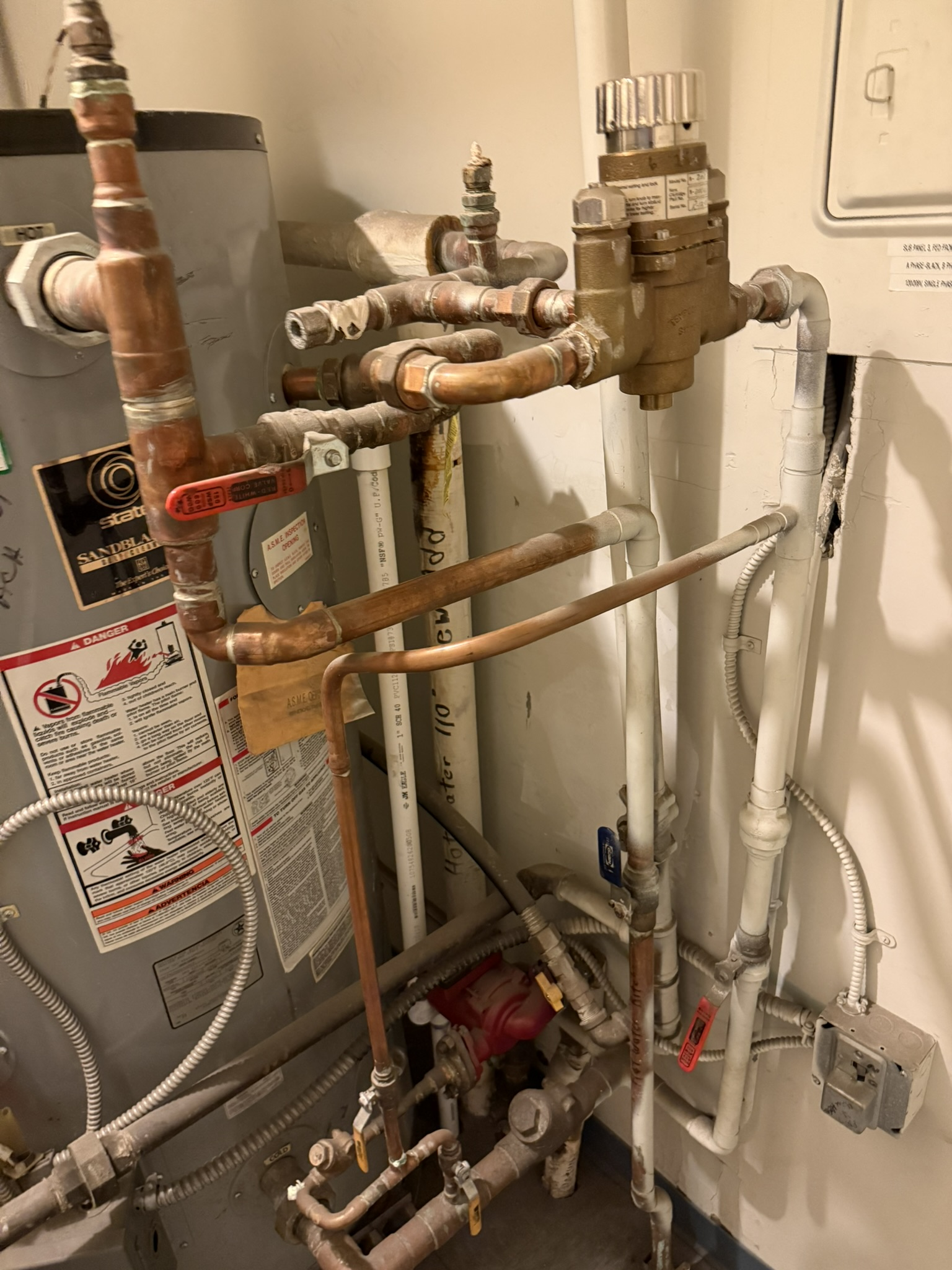 Boiler room plumbing with copper pipes, valves, gauges, and wall-mounted control boxes.