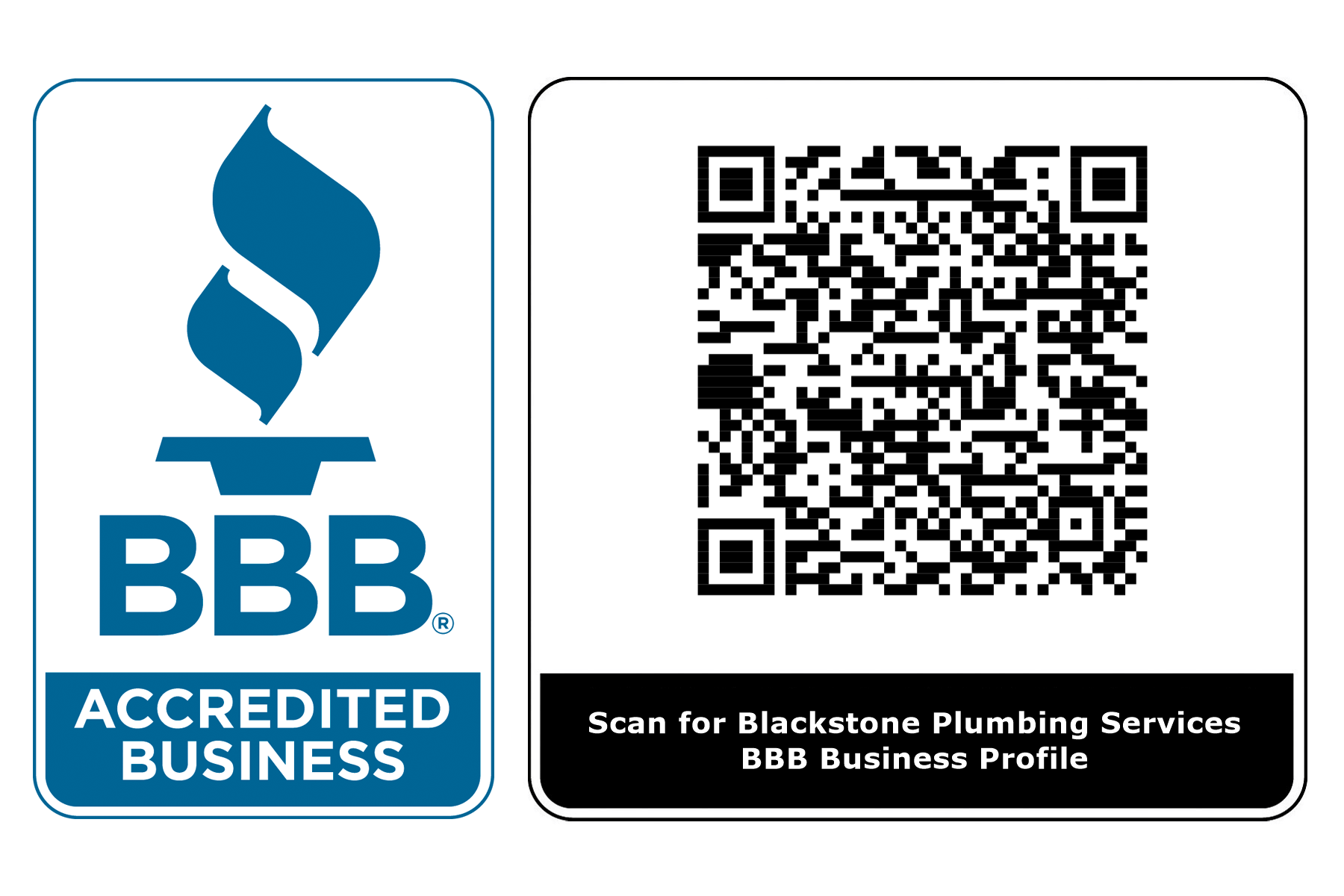 BBB Accredited Business badge with QR code for Blackstone Plumbing Services BBB profile