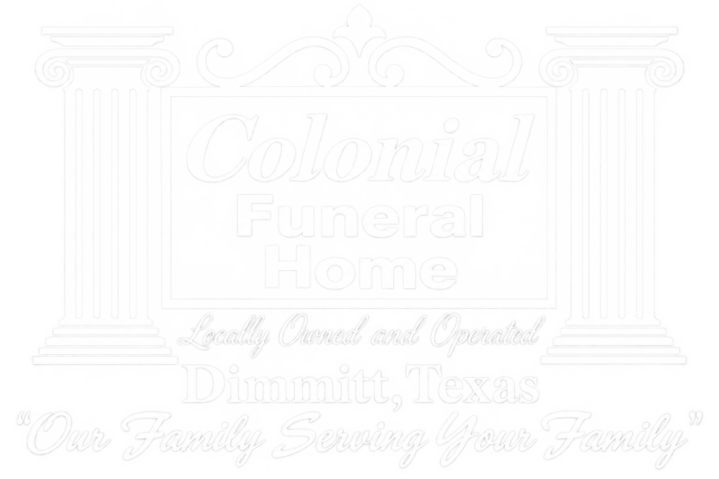 Vintage black-and-white sign for Colonial Funeral Home, with columns and decorative script text.