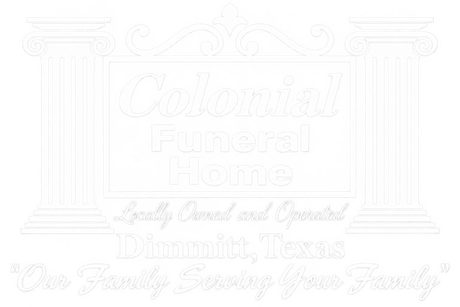 Vintage black-and-white sign for Colonial Funeral Home, with columns and decorative script text.