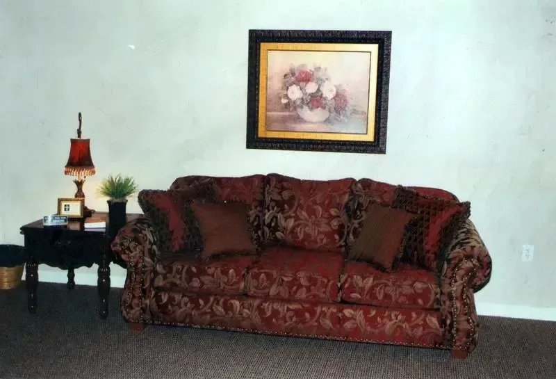 Red floral sofa against a light blue wall with a framed painting and side table lamp