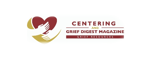 Centering Grief Digest Magazine logo with stylized heart and hands in maroon, gold, and white