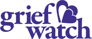 Grief Watch logo in purple with a heart-shaped “g” and a black line under “grief” and over “watch”