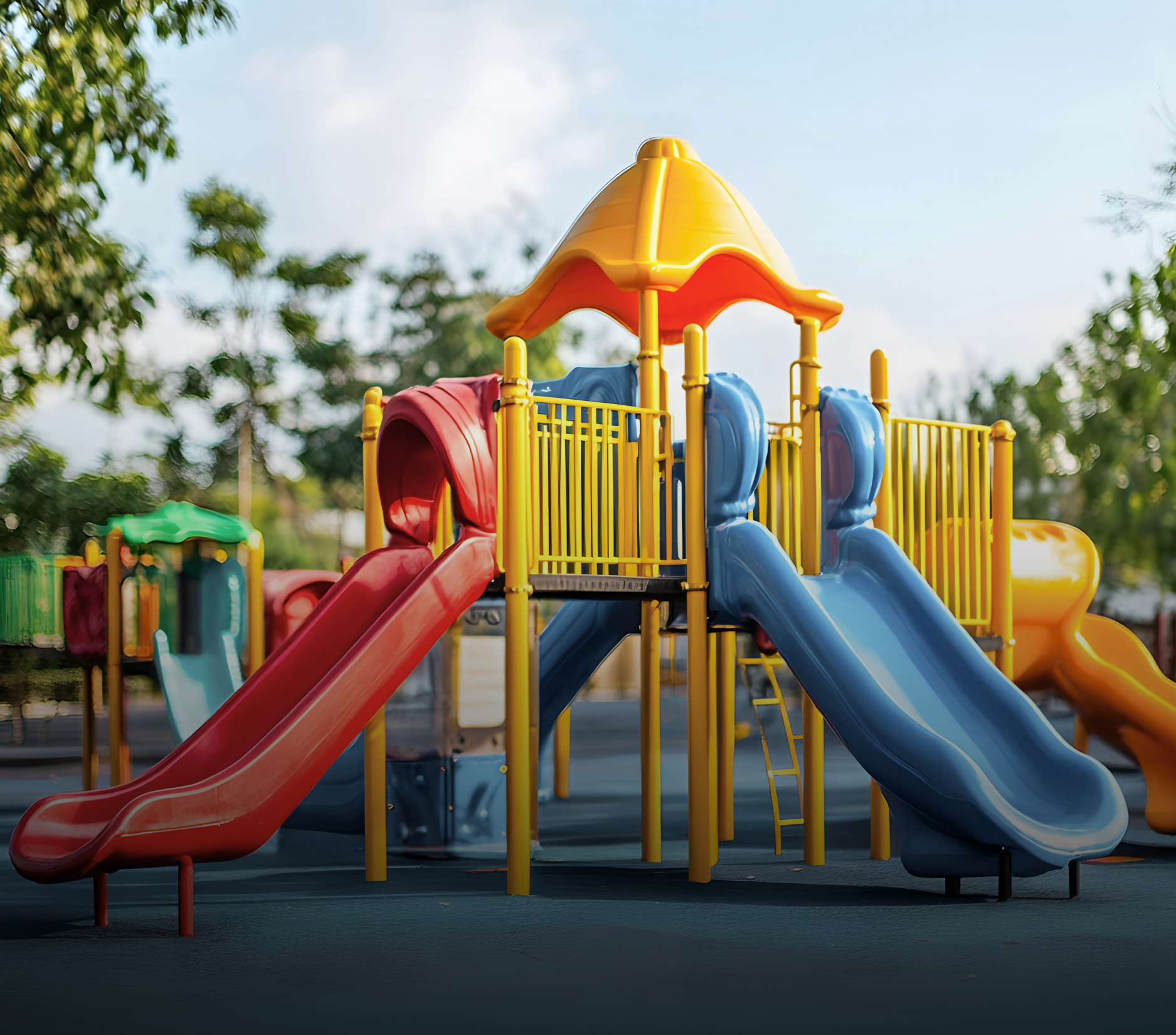 Playground with red, blue, and yellow slides. Outdoor setting, trees in the background.