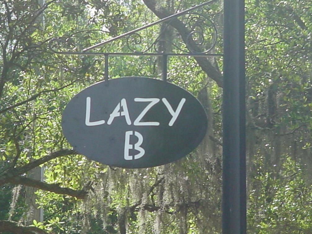 A sign that says lazy e3 hangs from a pole