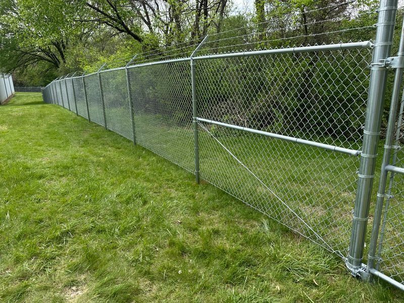 Chain-link fence along a grassy yard with trees in the background
