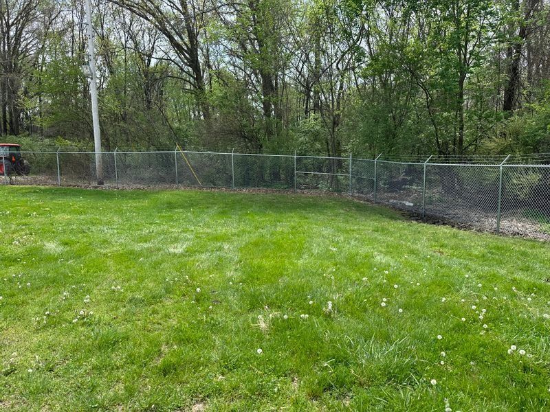 Grassy field beside a chain-link fence and trees under a cloudy sky
