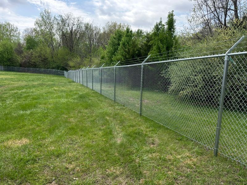 Chain-link fence along a grassy field beside trees under a cloudy sky