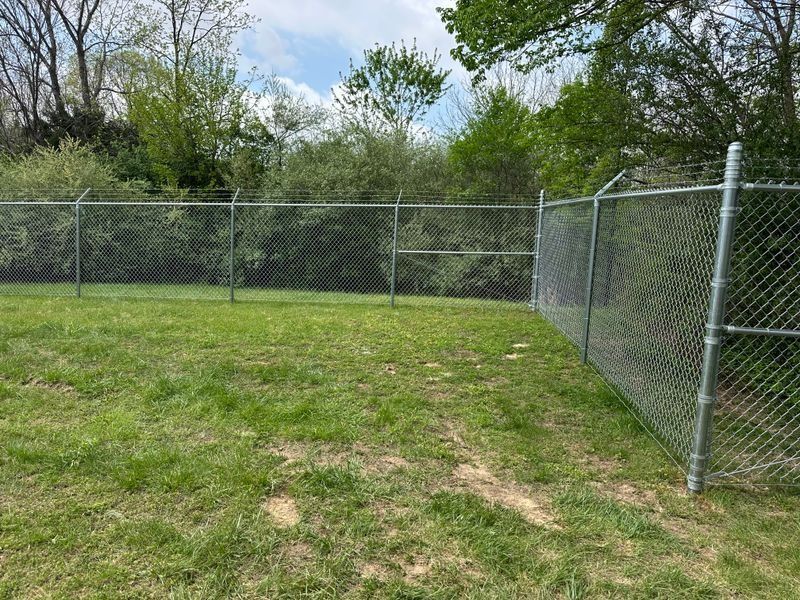 Chain-link fence enclosing a grassy field with trees in the background under a cloudy sky